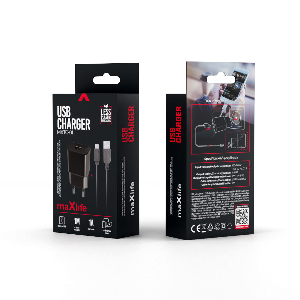 Maxlife MXTC-01 charger 1x USB 1A black + microUSB cable