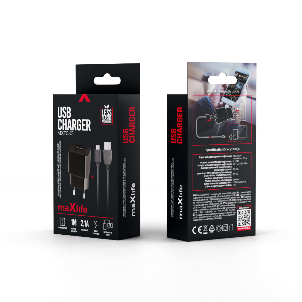Maxlife MXTC-01 charger 1x USB 2.1A black + microUSB cable