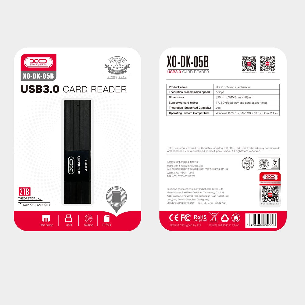 Lecteur de carte mémoire XO DK05B 2 en 1 USB 3.0 noir