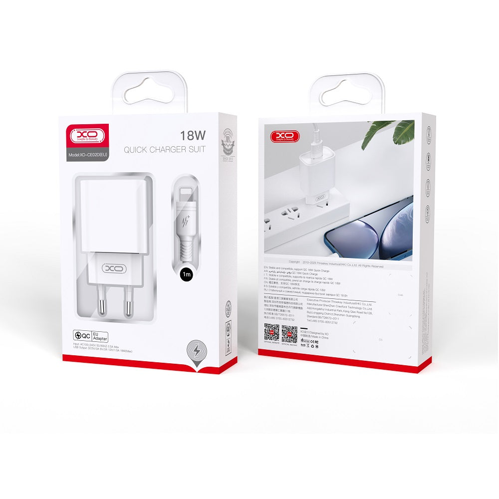 XO wall charger CE02D QC 3.0 18W 1x USB white + Lightning cable