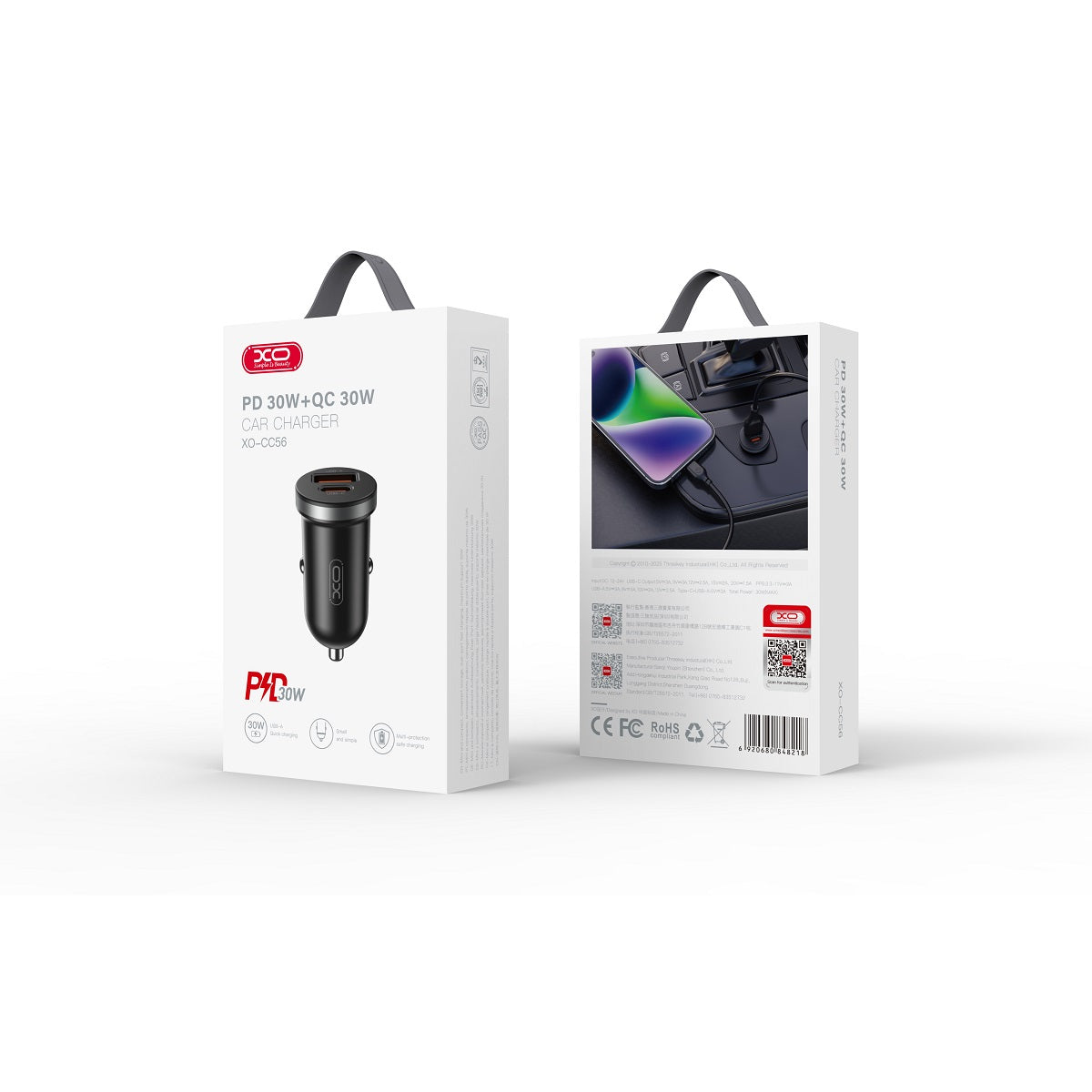 XO car charger CC56 PD 30W QC 1x USB 1x USB-C black