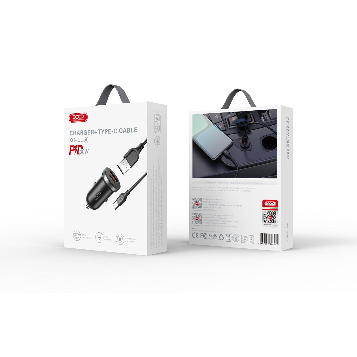 XO car charger CC56 PD 30W QC 1x USB 1x USB-C black + USB - USB-C cable