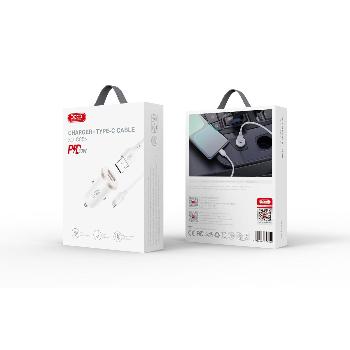 XO car charger CC56 PD 30W QC 1x USB 1x USB-C white + USB - USB-C cable
