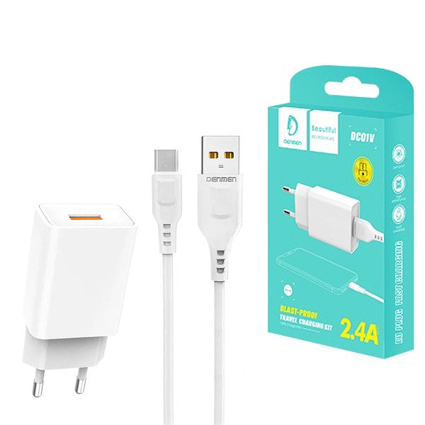 Ładowarka sieciowa Denmen 2.4A + kabel USB - Micro 1,0 m biała 12W TTT