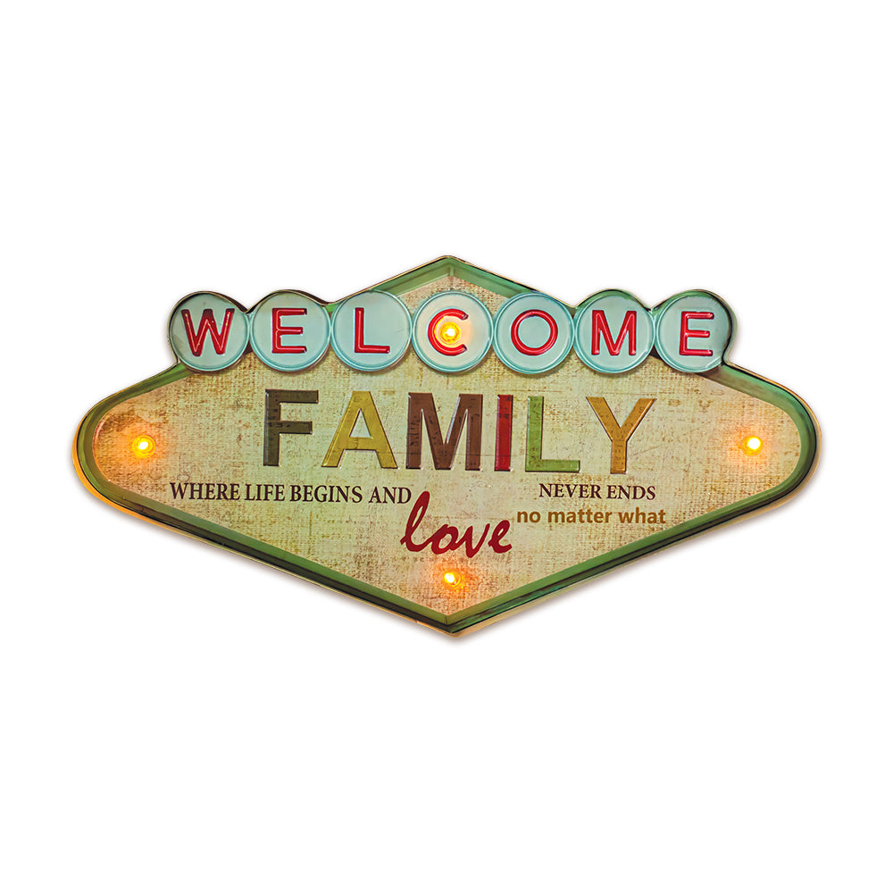 Enseigne LED Rétro Metal Welcome Family Forever Light