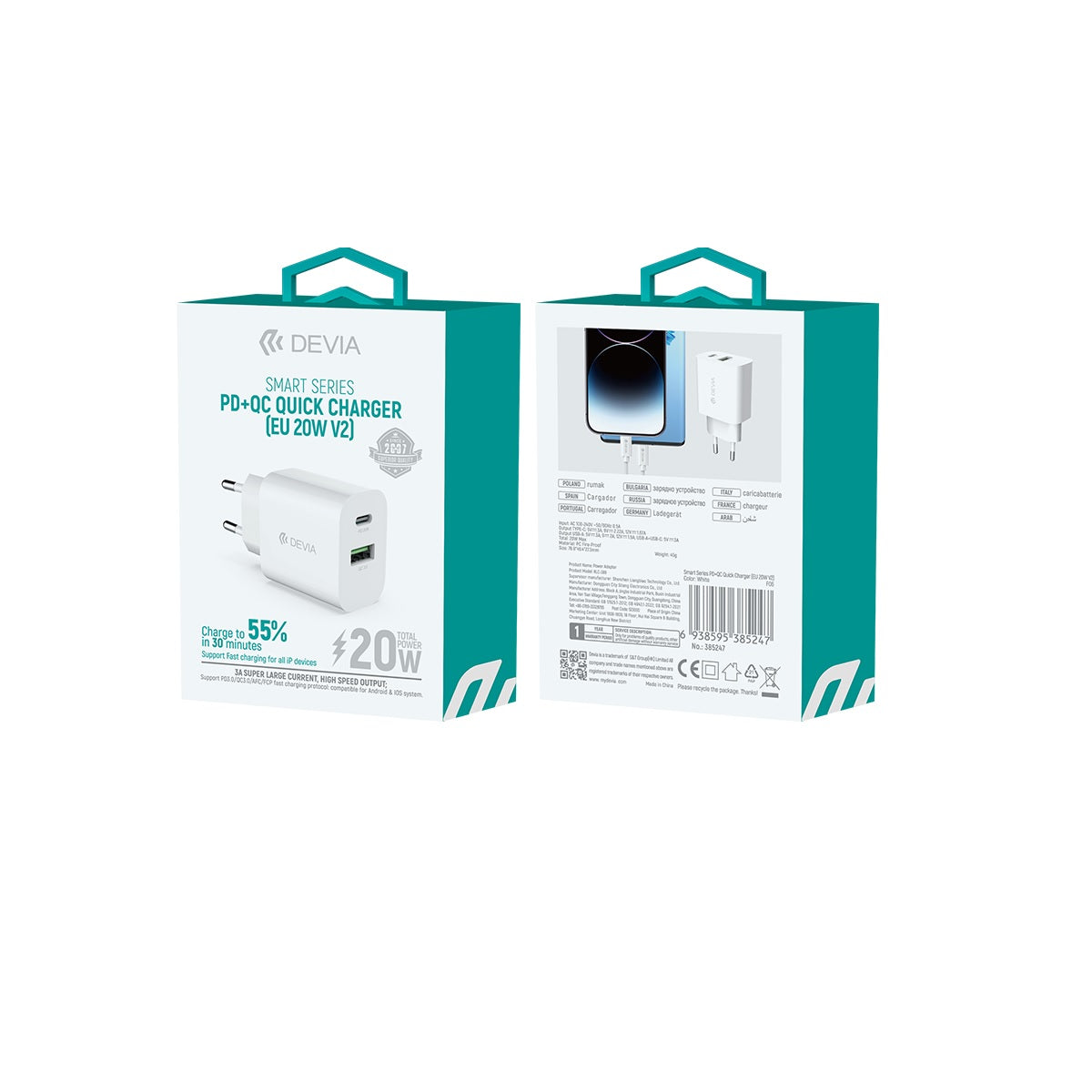 Devia wall charger Smart PD 1x USB-C 1x USB 20W white