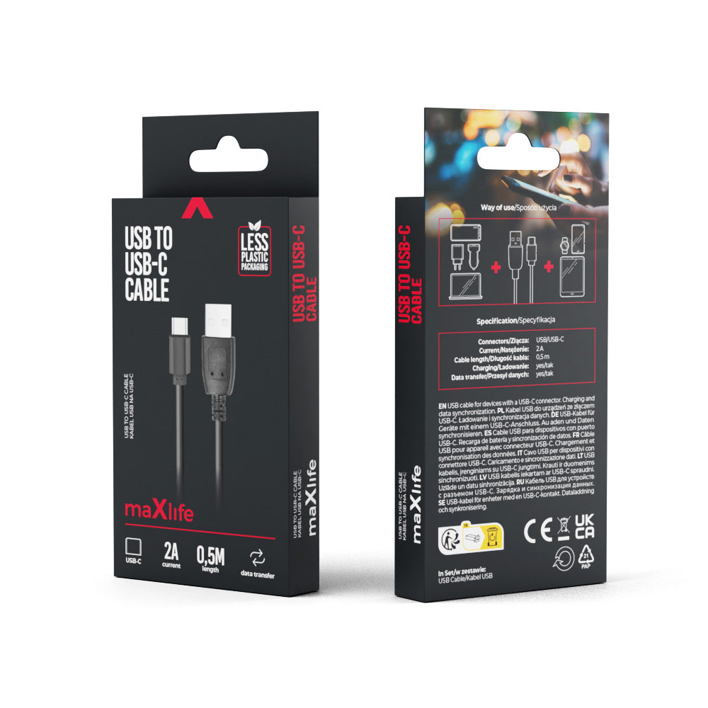 Maxlife cable USB - USB-C 0,5 m 2A black