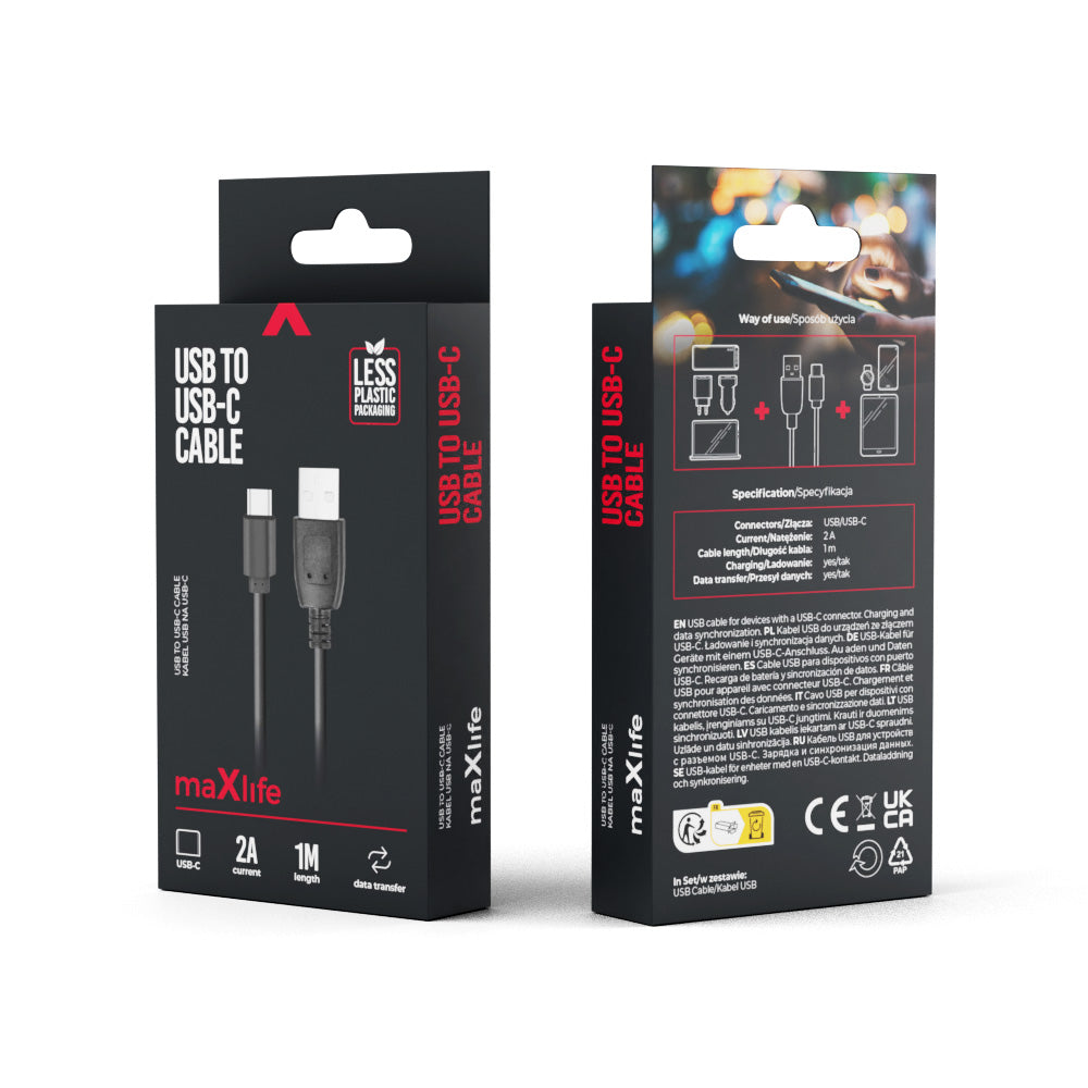 Maxlife cable USB - USB-C 1,0 m 2A black