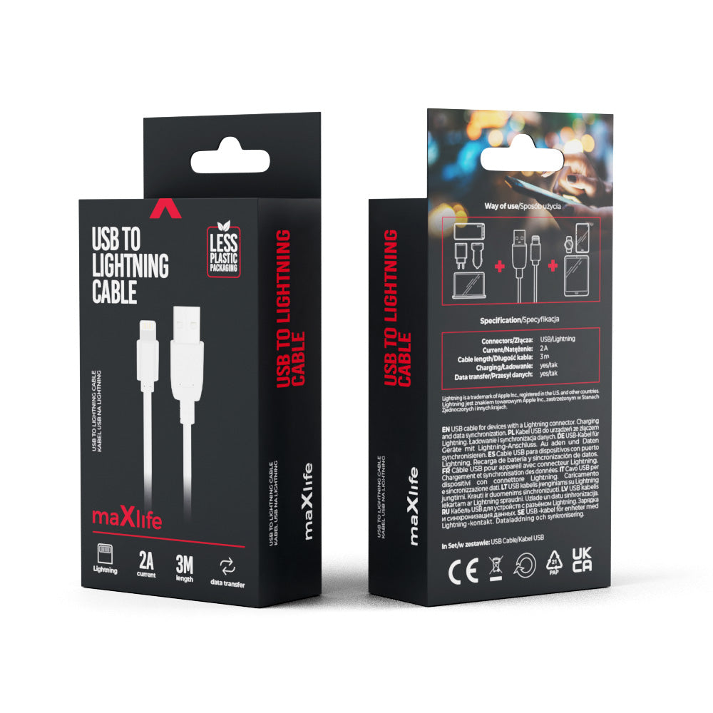 Câble USB Lightning Maxlife 3m — Charge rapide 2A