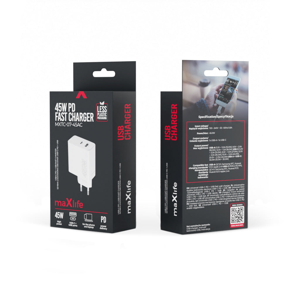 Maxlife MXTC-07-45AC PD QC charger 1x USB-C 1x USB 45W white