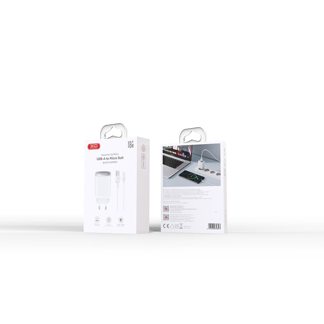 XO wall charger CE19 QC 18W 1x USB white + cable microUSB