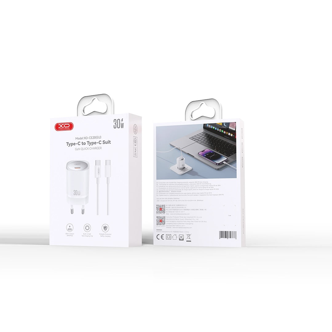 XO wall charger CE20 PD 30W 1x USB-C white + cable USB-C - USB-C