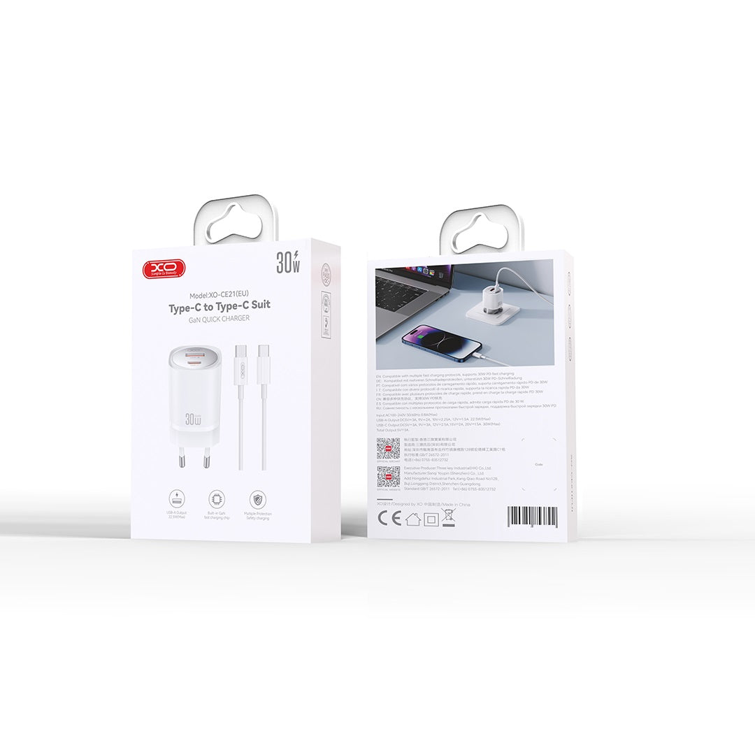 XO wall charger CE21 PD 30W 1x USB-C 1x USB white + cable USB-C - USB-C