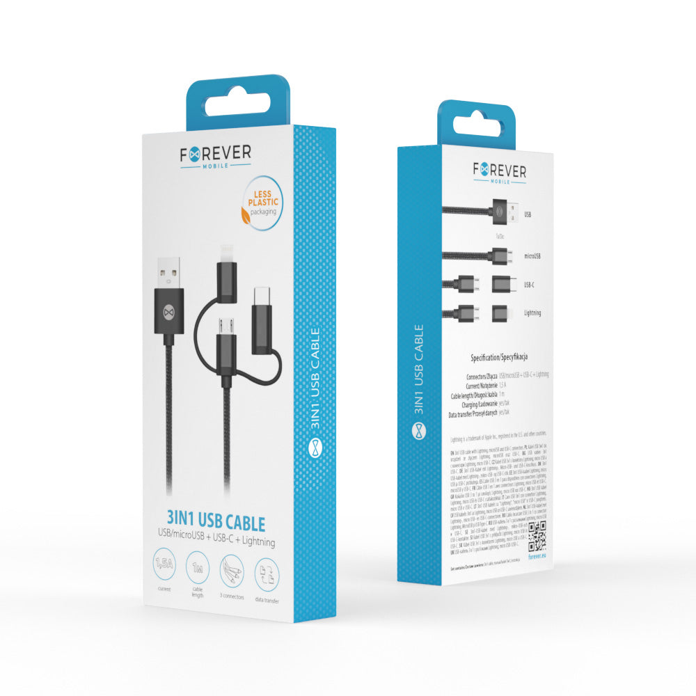 Câble 3 en 1 Forever USB - Lightning + USB-C + microUSB 1 m 1,5A noir