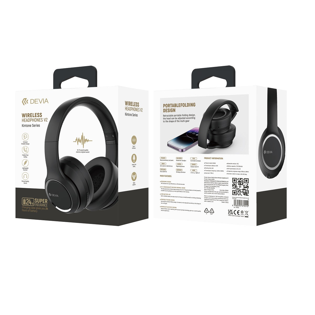 Casque Bluetooth Devia Kintone noir — 24h autonomie, USB-C