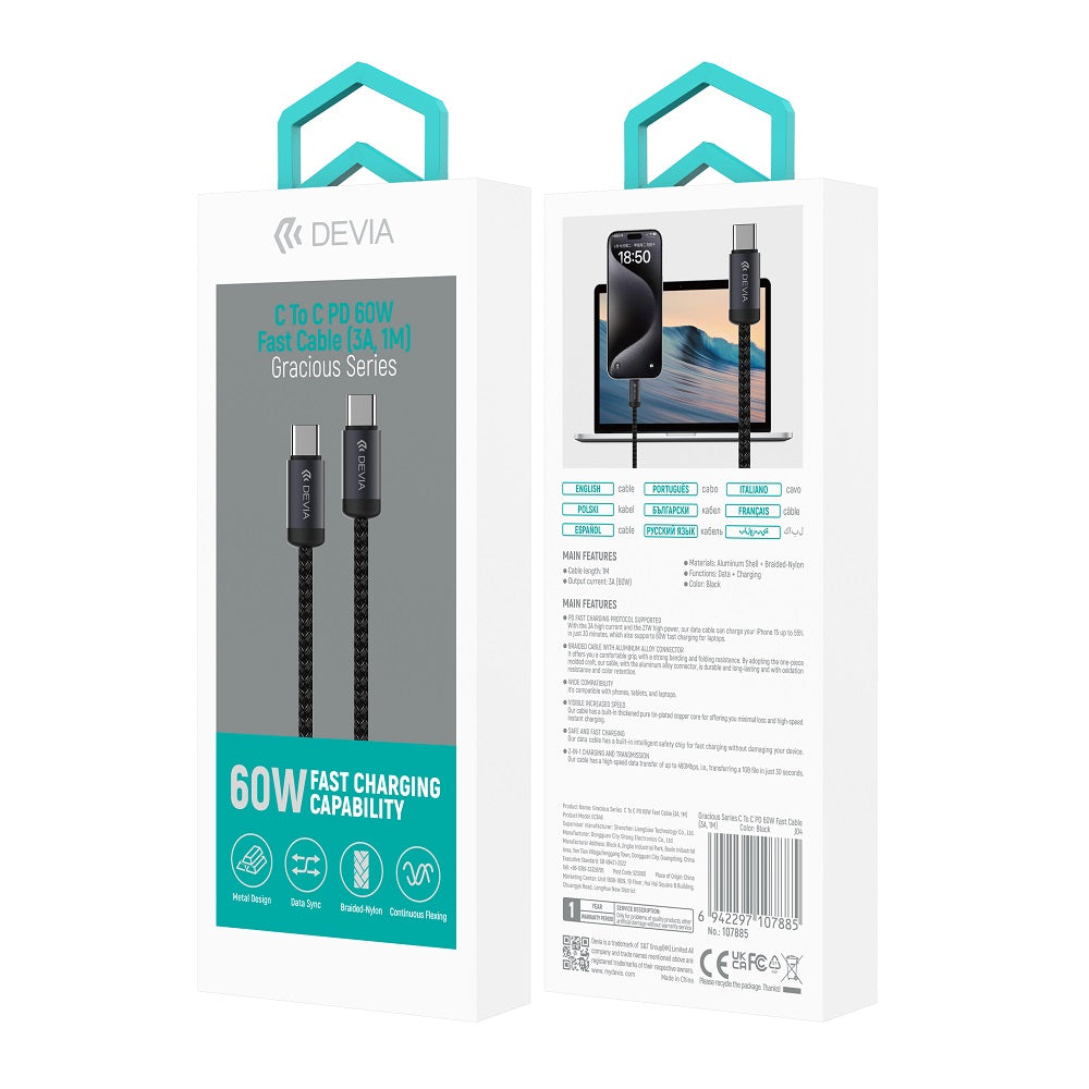 Devia cable Gracious EC646 PD USB-C - USB-C 1,0 m 60W 3A black