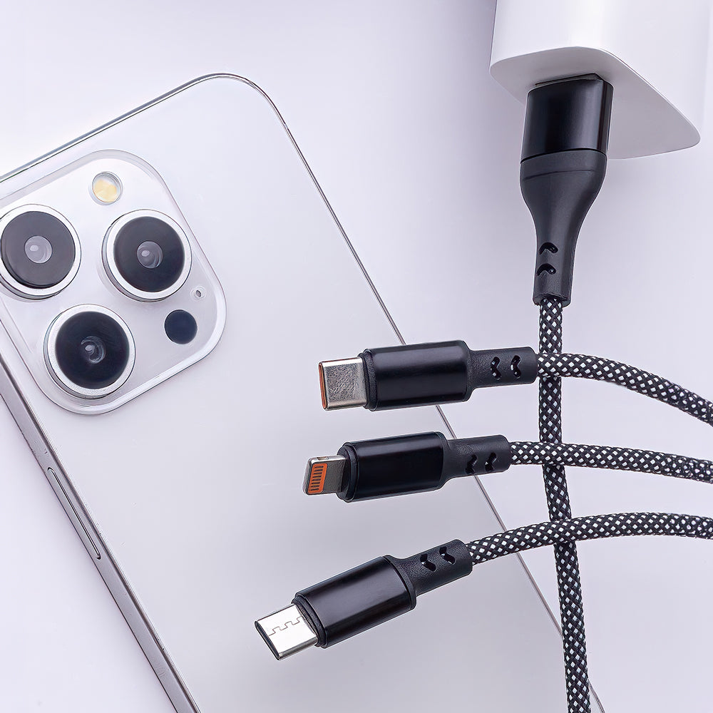 Maxlife ALLin1 cable USB + USB-C - Lightning + 2x USB-C 1,0 m 66W black