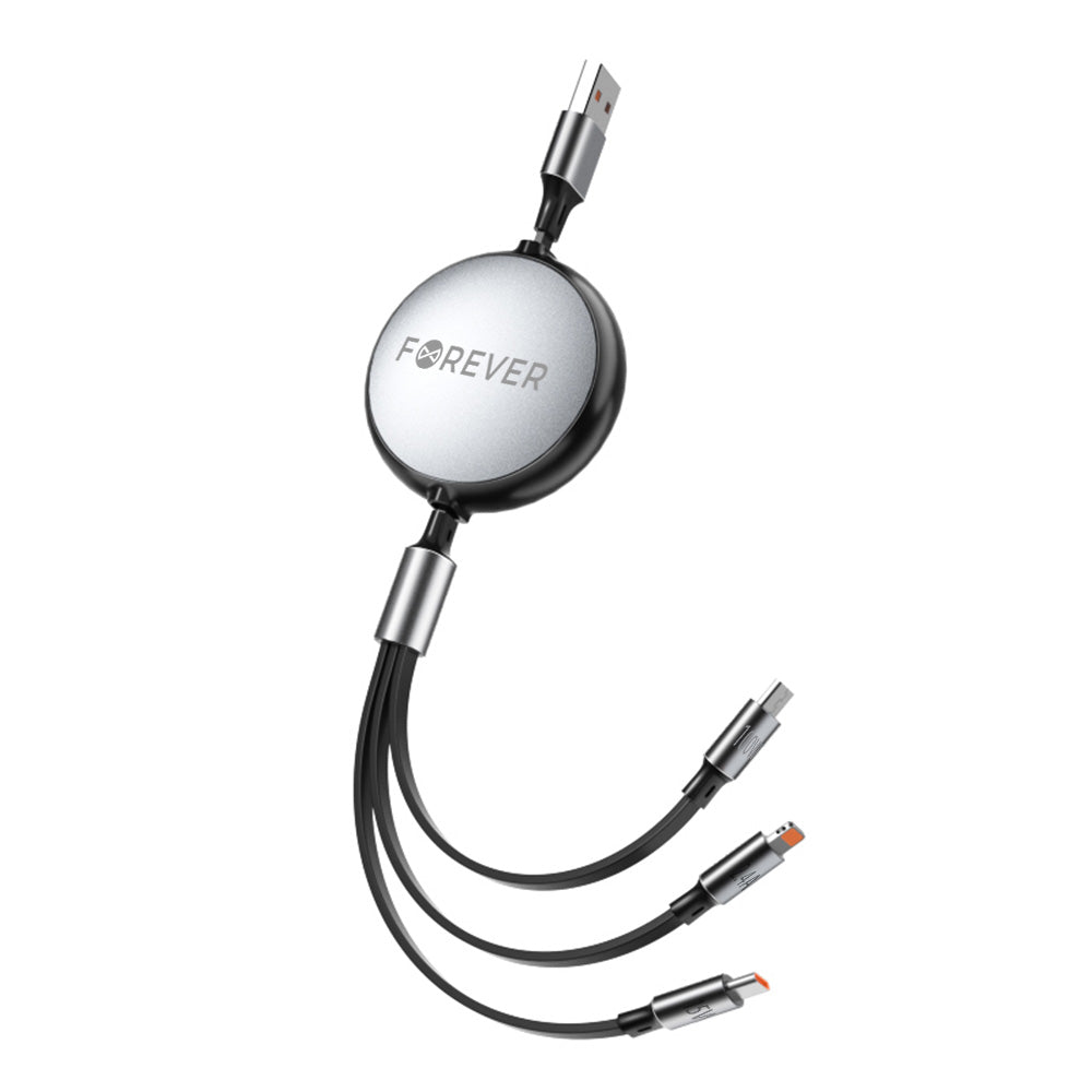 Câble 3 en 1 Forever Lightning + 2x USB-C 1,2 m 100W — Noir