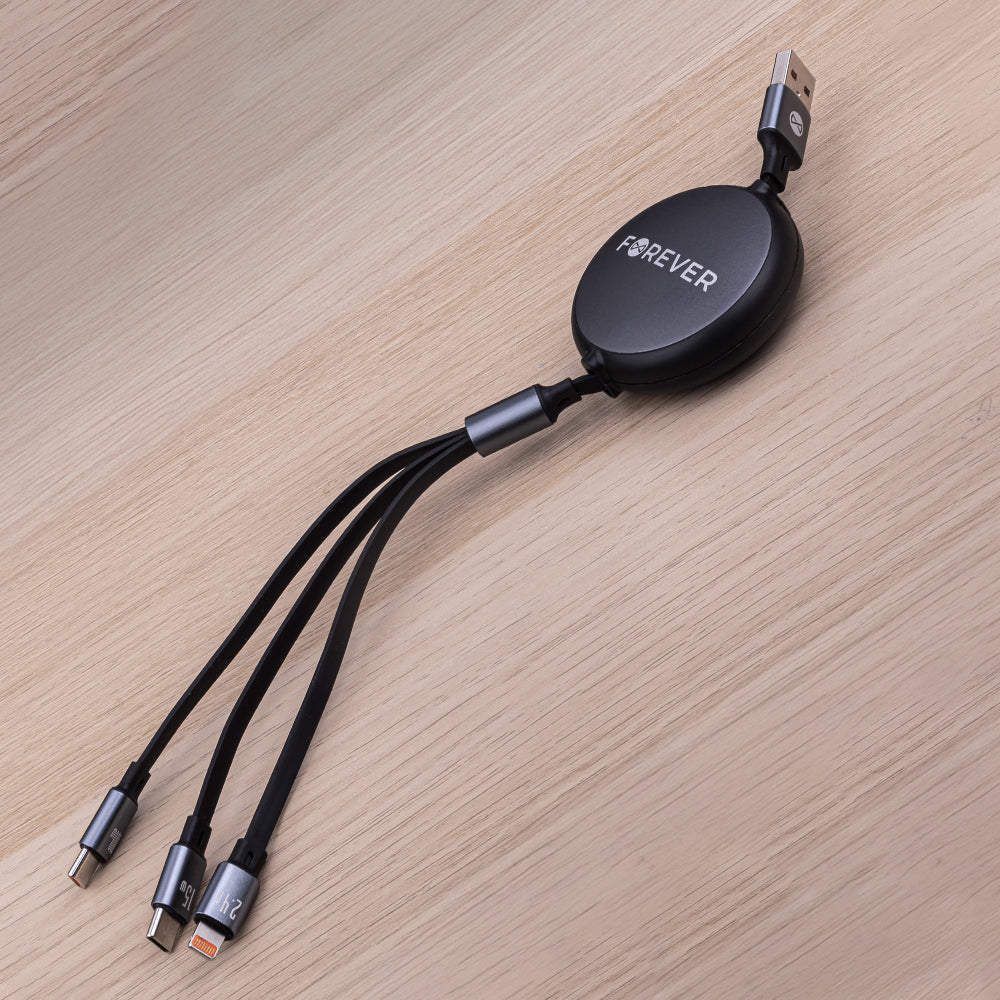 Câble 3 en 1 Forever Lightning + 2x USB-C 1,2 m 100W — Noir