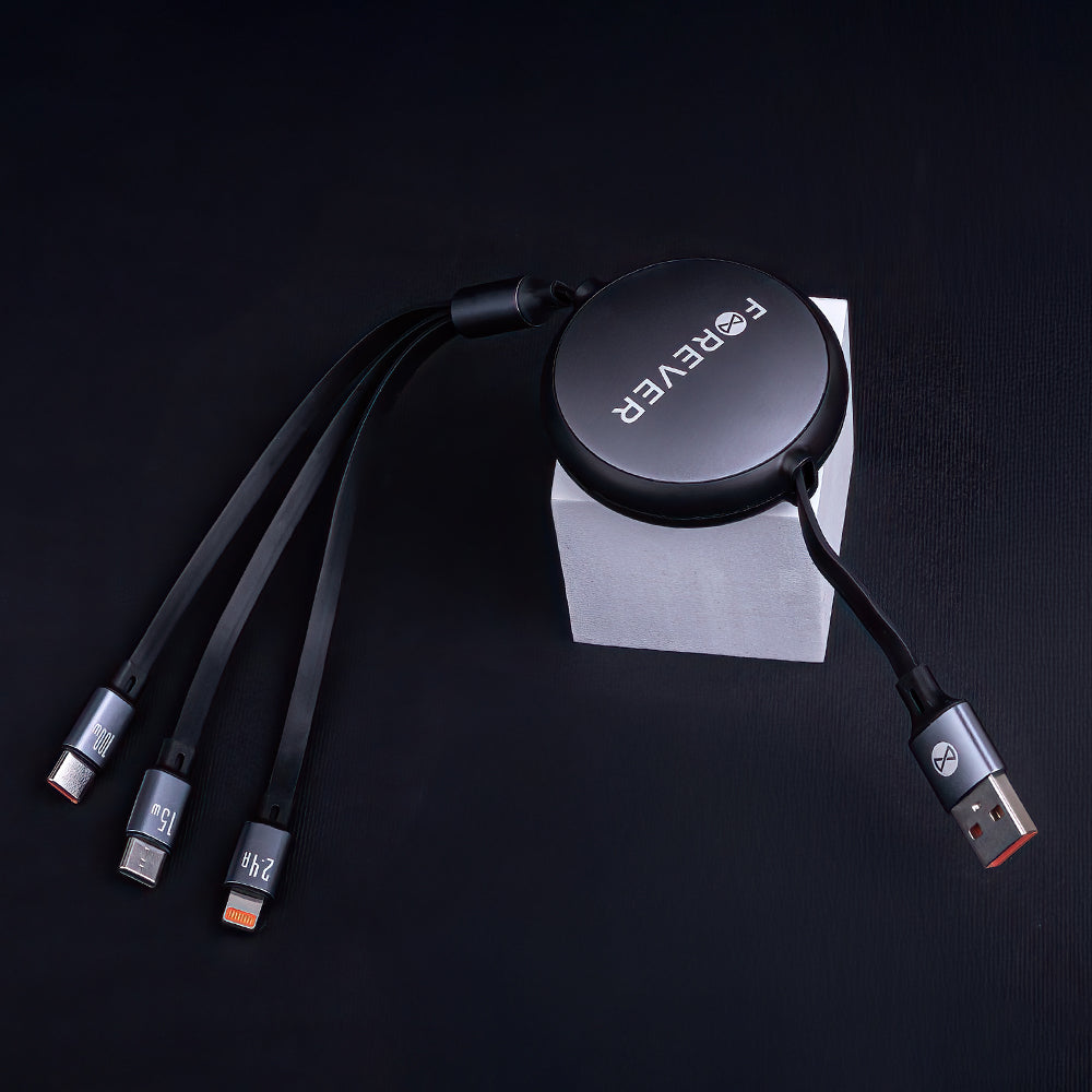 Câble 3 en 1 Forever Lightning + 2x USB-C 1,2 m 100W — Noir