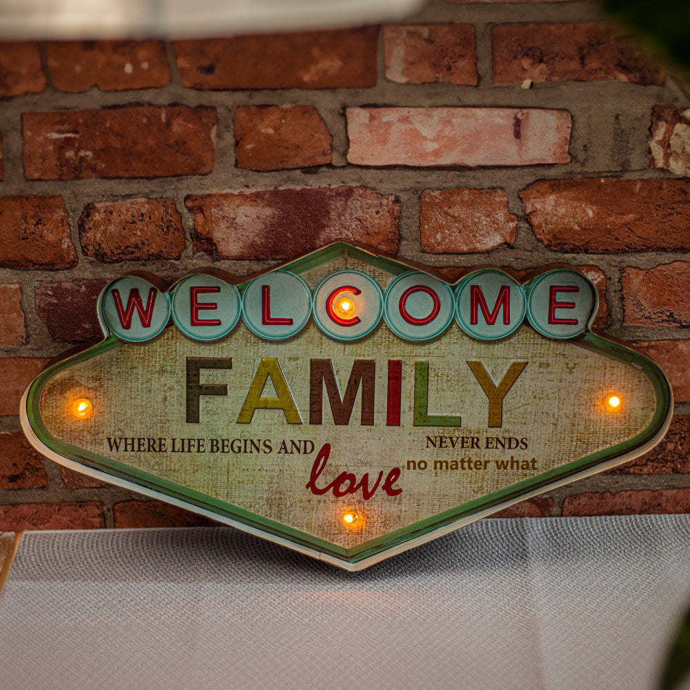 Enseigne LED Rétro Metal Welcome Family Forever Light