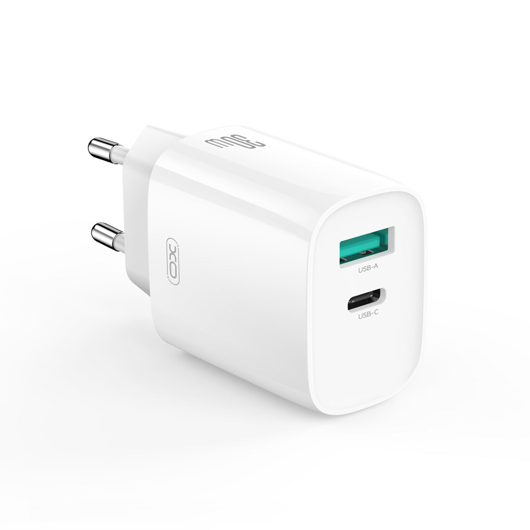 XO wall charger CE30 PD 30W 1x USB-C 1x USB white + cable USB-C - Lightning