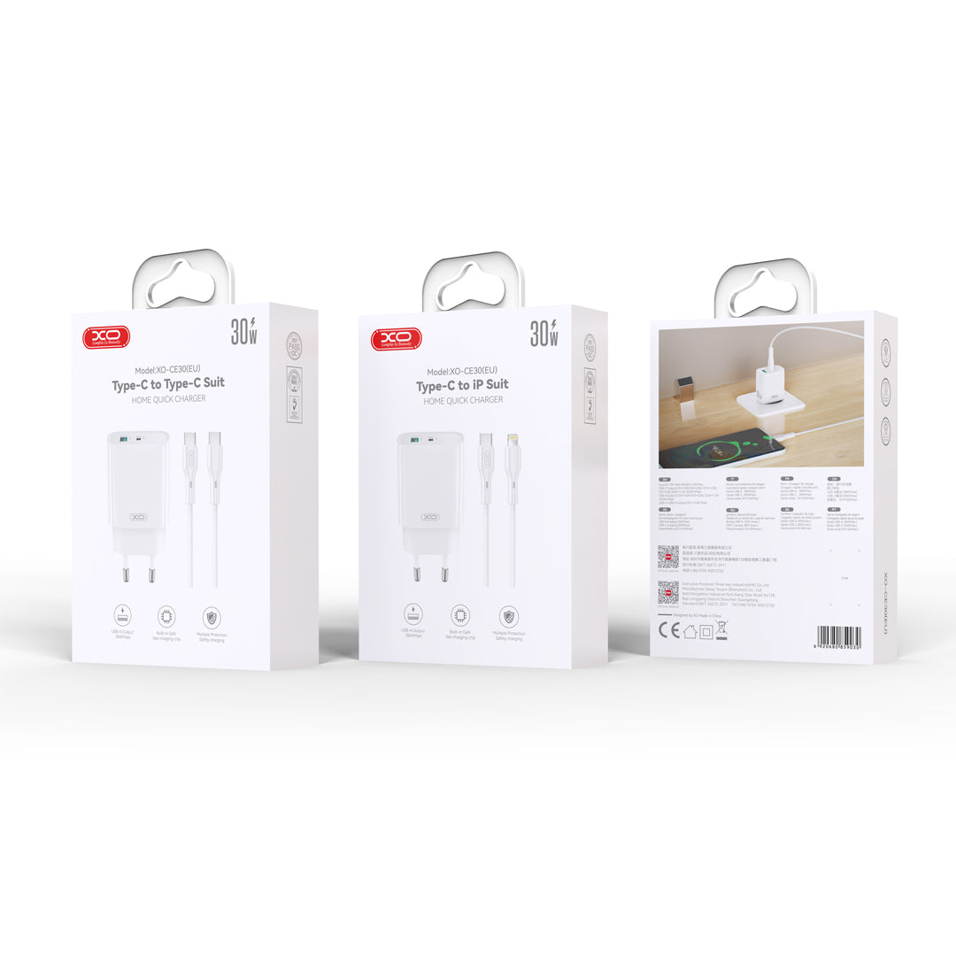 XO wall charger CE30 PD 30W 1x USB-C 1x USB white + cable USB-C - Lightning