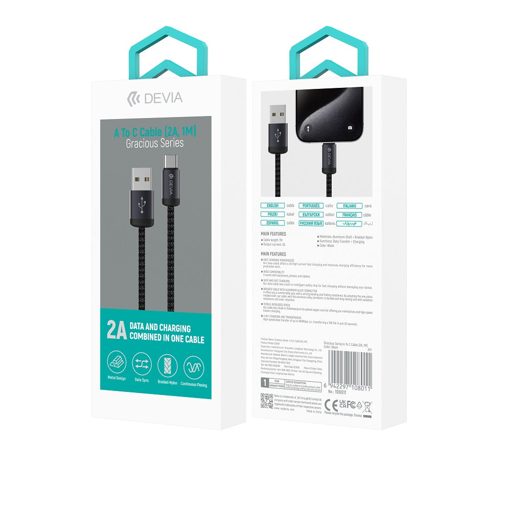 Devia cable Gracious EC649 USB - USB-C 1,0 m 2A black