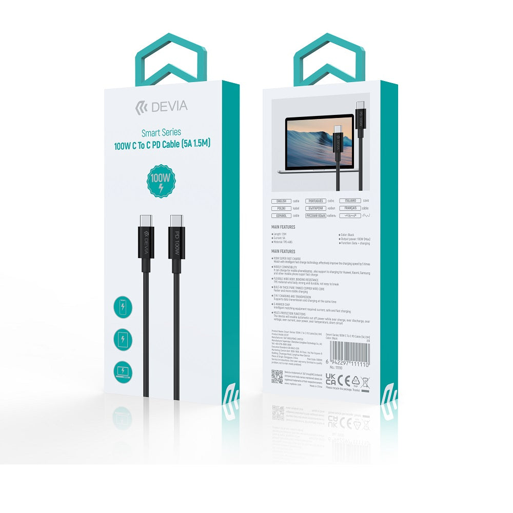 Câble Devia Smart EC317 USB-C vers USB-C 1,5 m — 100W PD Fast Charging