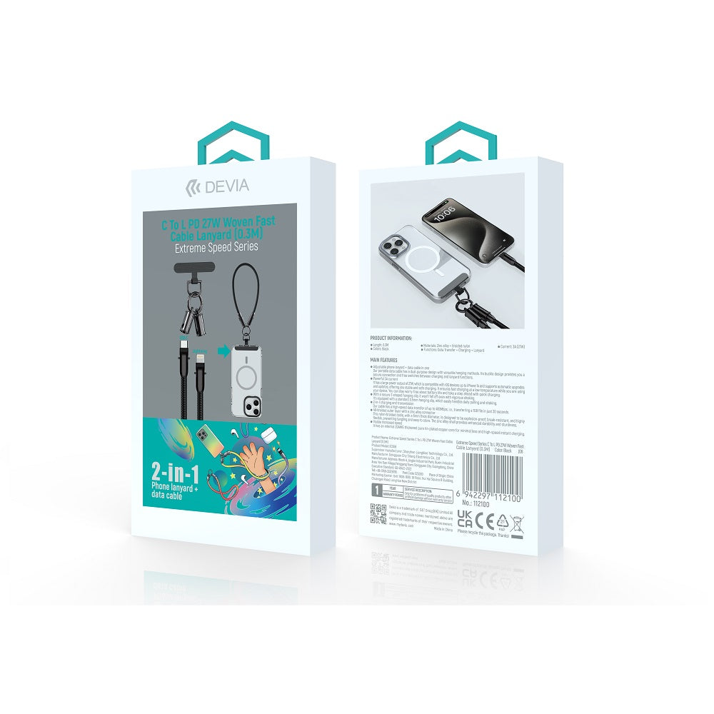 Câble Lanyard 2-en-1 USB-C/Lightning Devia PD 0,3m 27W noir