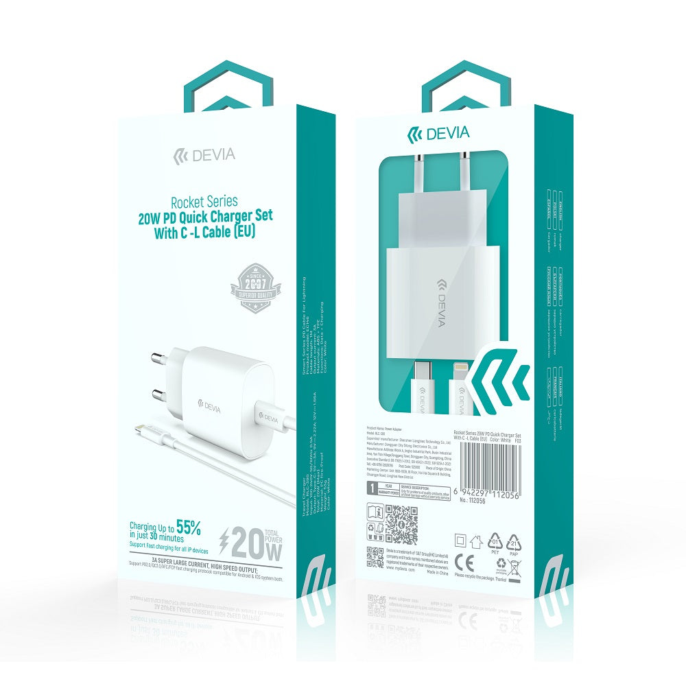 Devia wall charger Rocket PD 20W 1x USB-C white + cable USB-C - Lightning