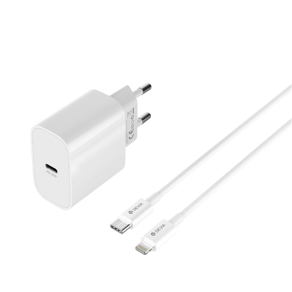 Devia wall charger Smart PD GaN 30W 1x USB-C white + cable USB-C - Lightning