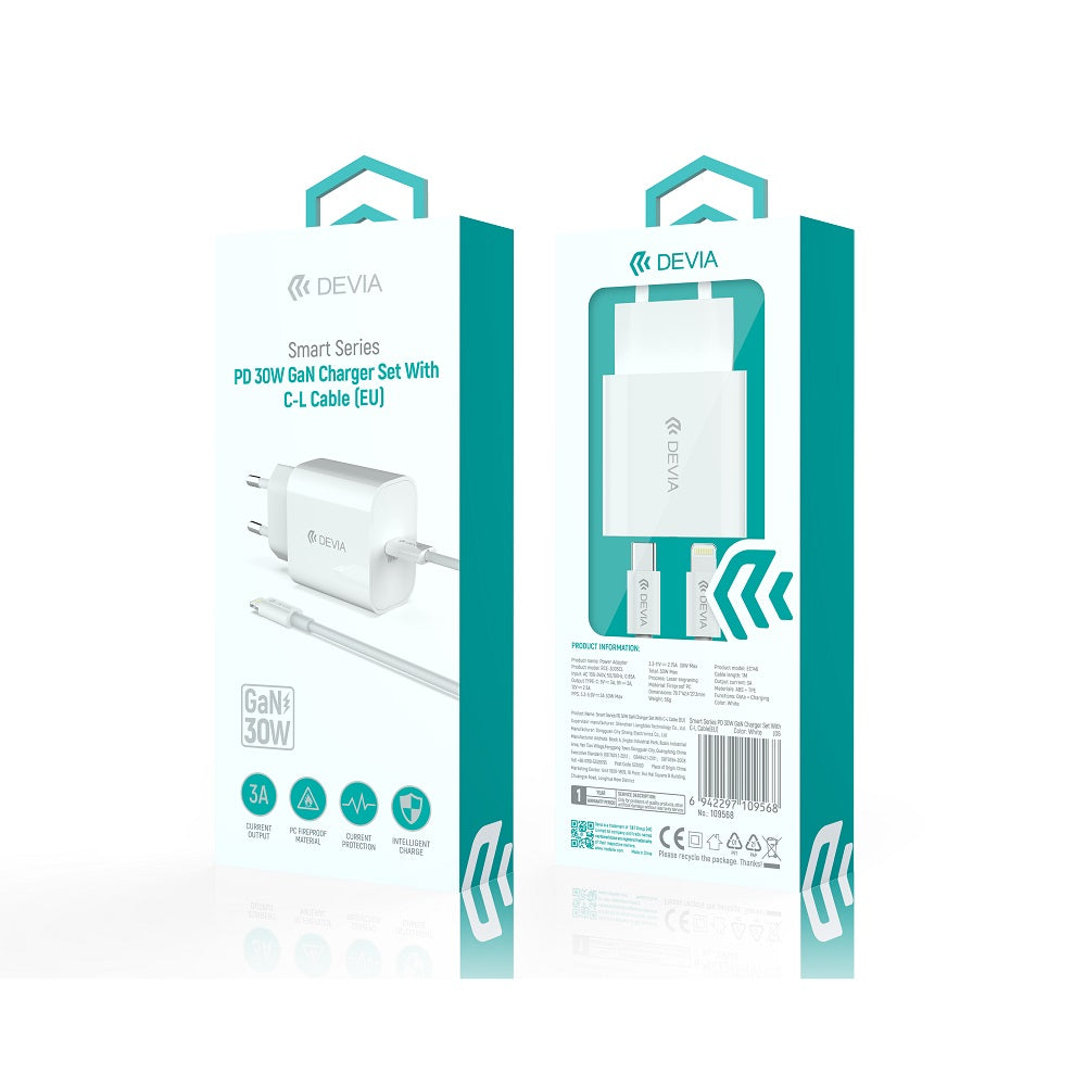Devia wall charger Smart PD GaN 30W 1x USB-C white + cable USB-C - Lightning