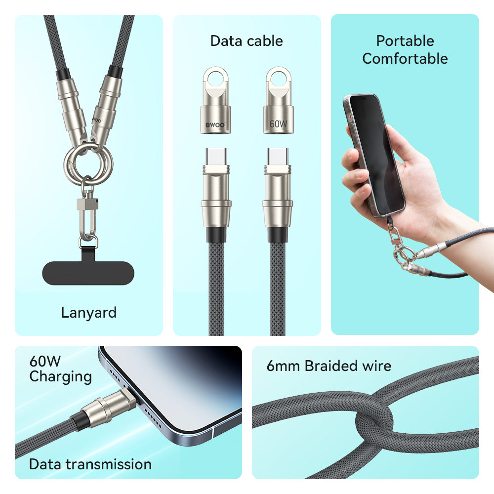 BWOO Lanyard Cable USB-C - USB-C 0.3m 60W with strap