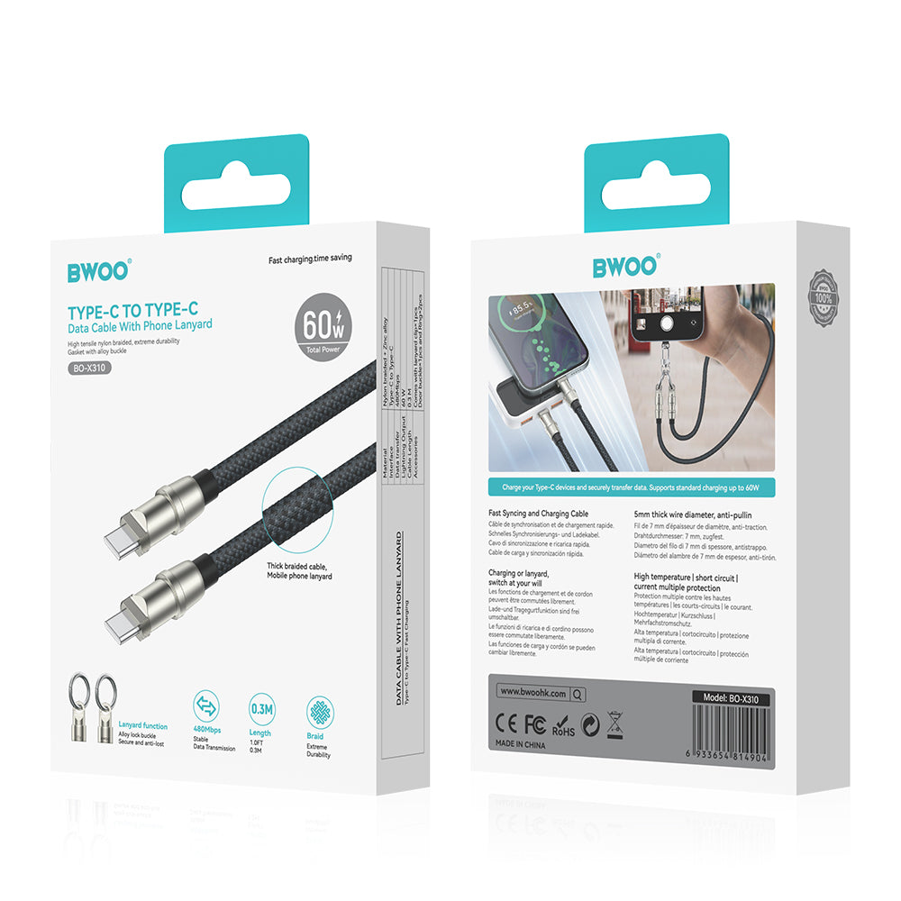 BWOO Lanyard Cable USB-C - USB-C 0.3m 60W with strap