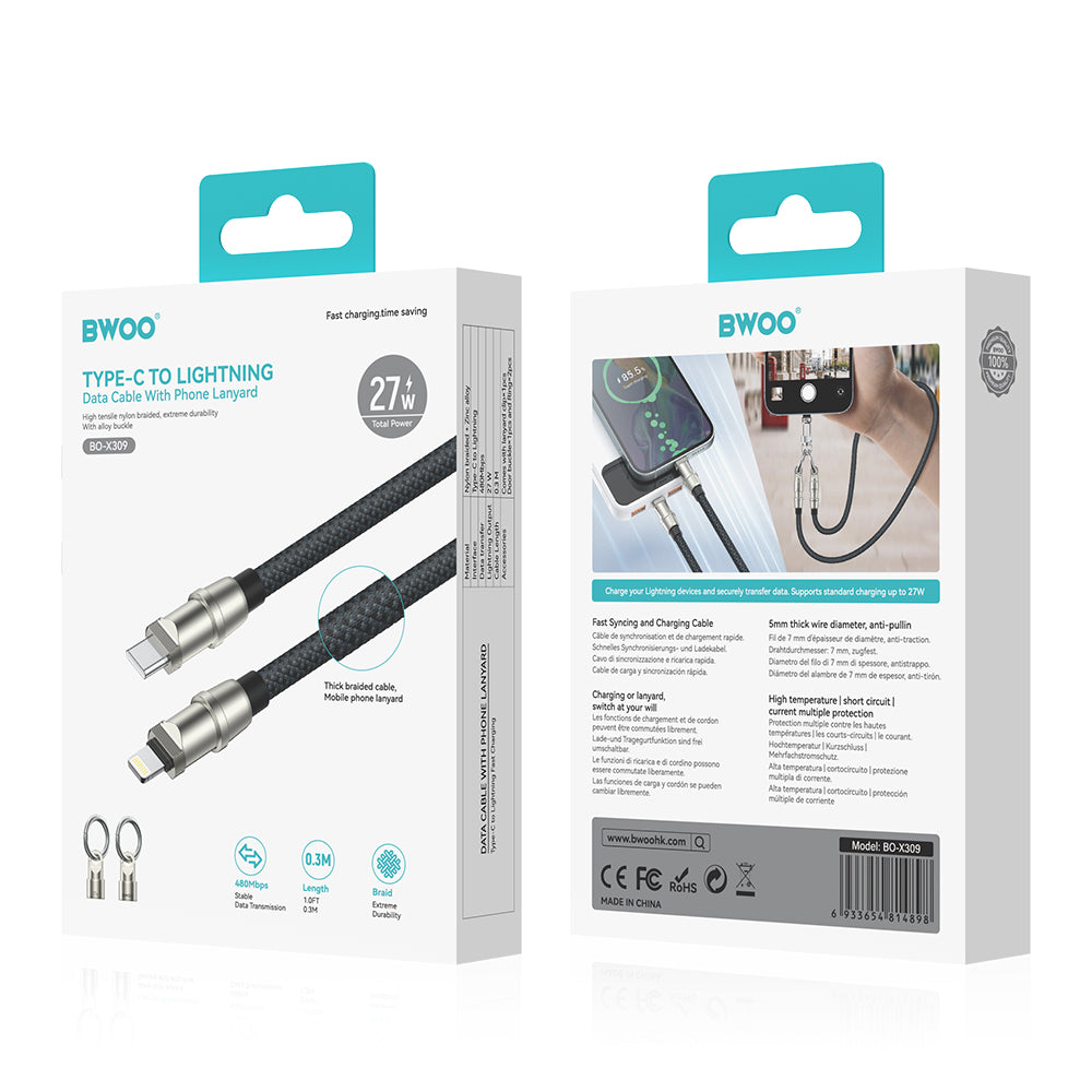 BWOO Lanyard Cable USB-C - Lightning 0.3m 27W with strap