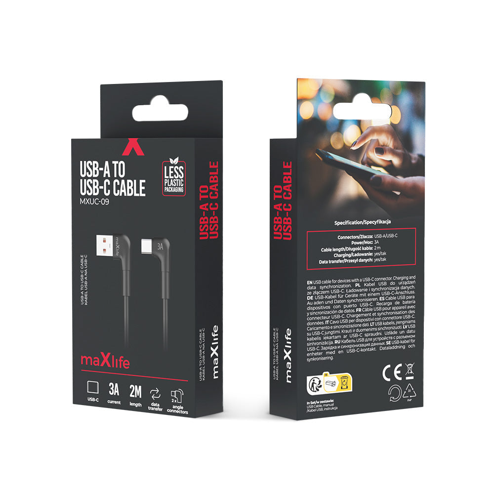 Câble USB-C Maxlife MXUC-09 — 2m, 3A, coudé