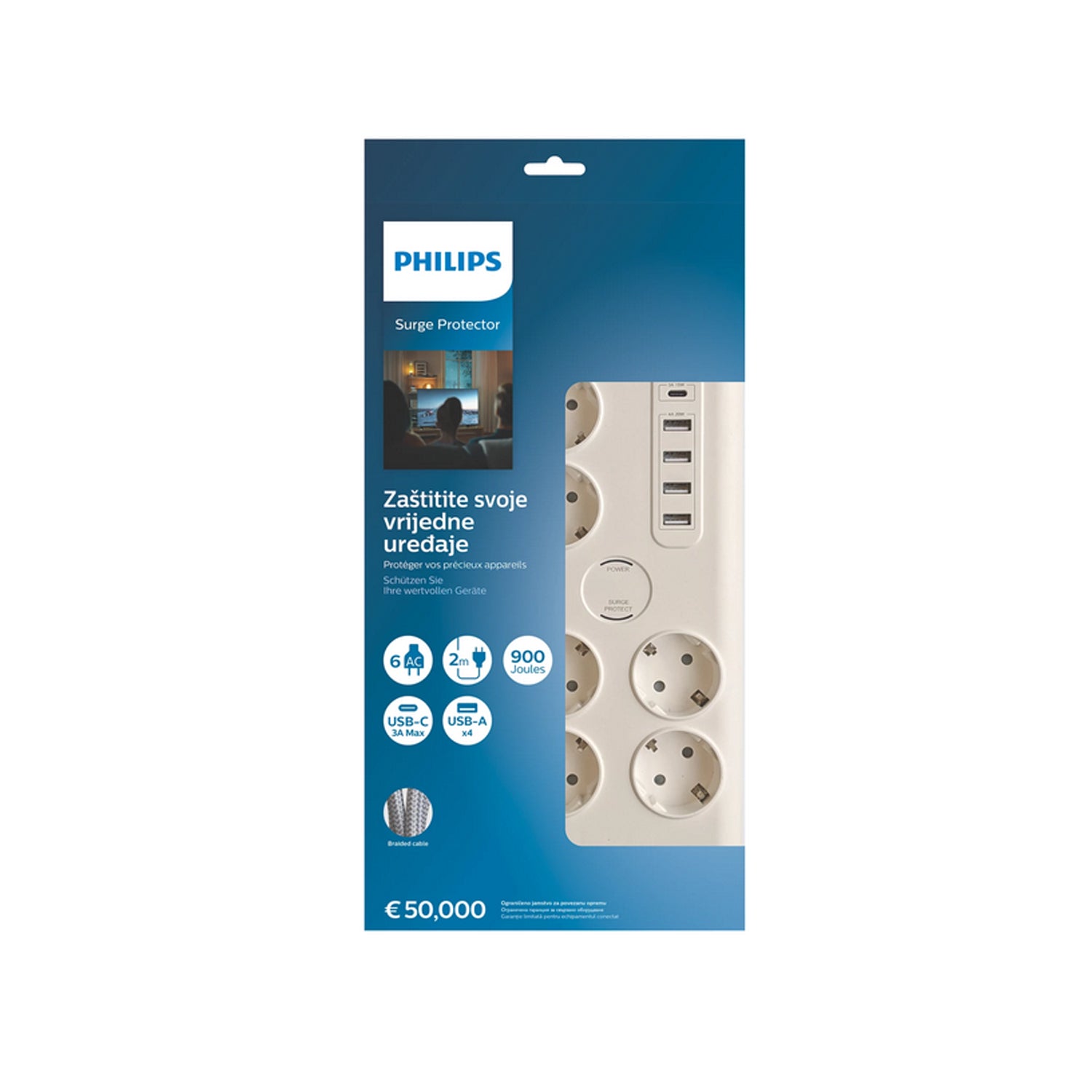 Anti-surge power strip PHILIPS extension cord 6 Schuko sockets + 6xUSB-A + 1xUSB-C 2m 16A white