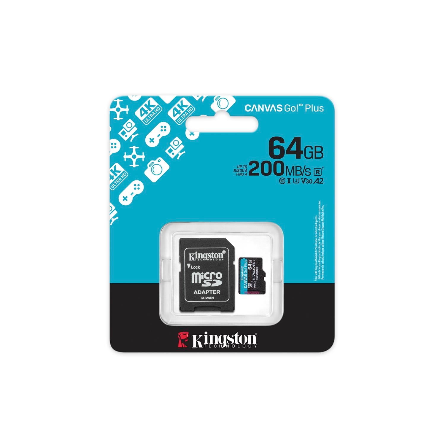Kingston memory card 64GB microSDXC Canvas Go Plus Gen4 200MB/s A2 U3 V30 + adapter