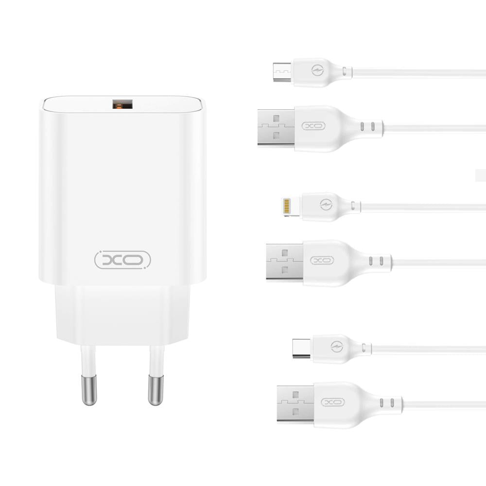 XO wall charger CE33 QC 18W 1x USB white + cable Lightning