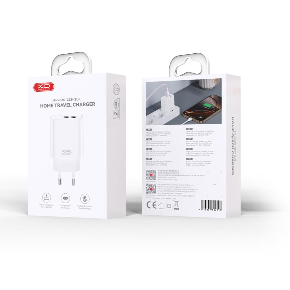 XO wall charger CE34 2x USB 2,4A white + Lightning cable
