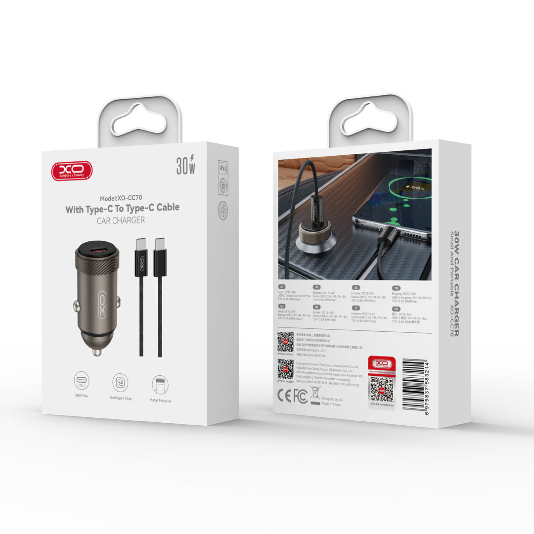 XO car charger CC70 PD 30W 1x USB-C black + cable USB-C - USB-C