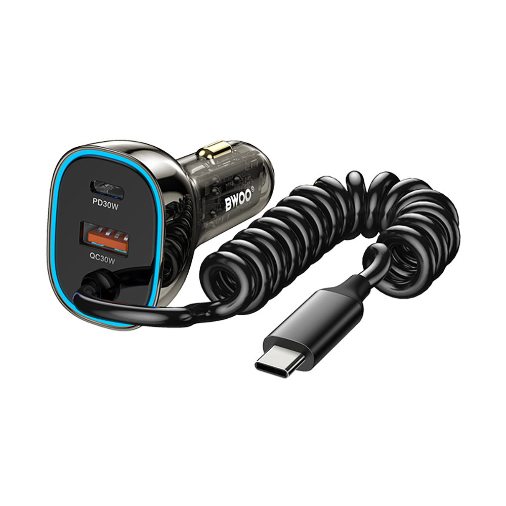 BWOO CC96C 30W PD car charger 1x USB-C 1x USB port with USB-C cable gray