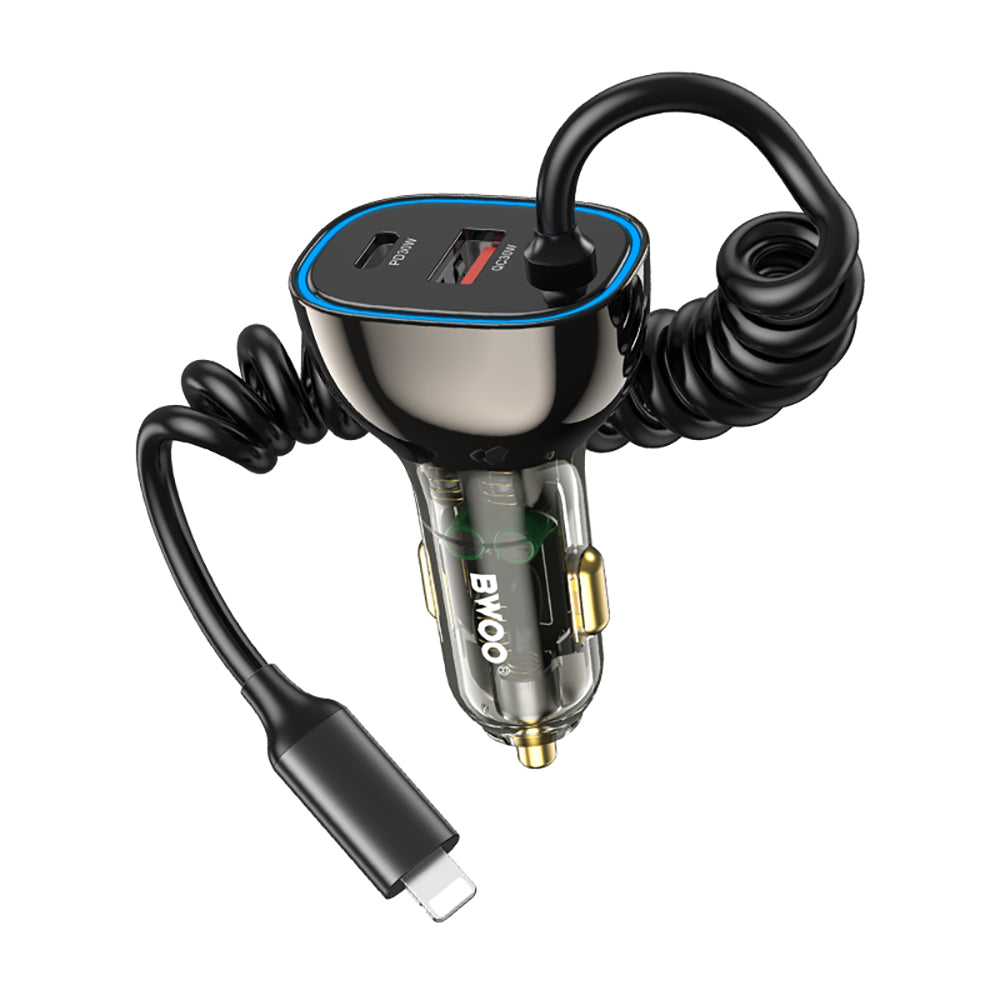 BWOO CC96L 30W PD car charger 1x USB-C 1x USB port with lightning cable gray