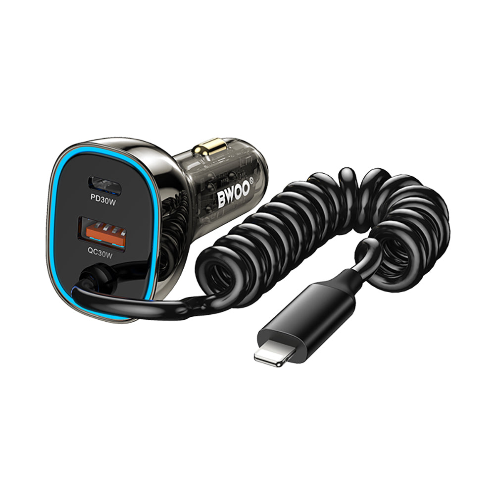 BWOO CC96L 30W PD car charger 1x USB-C 1x USB port with lightning cable gray