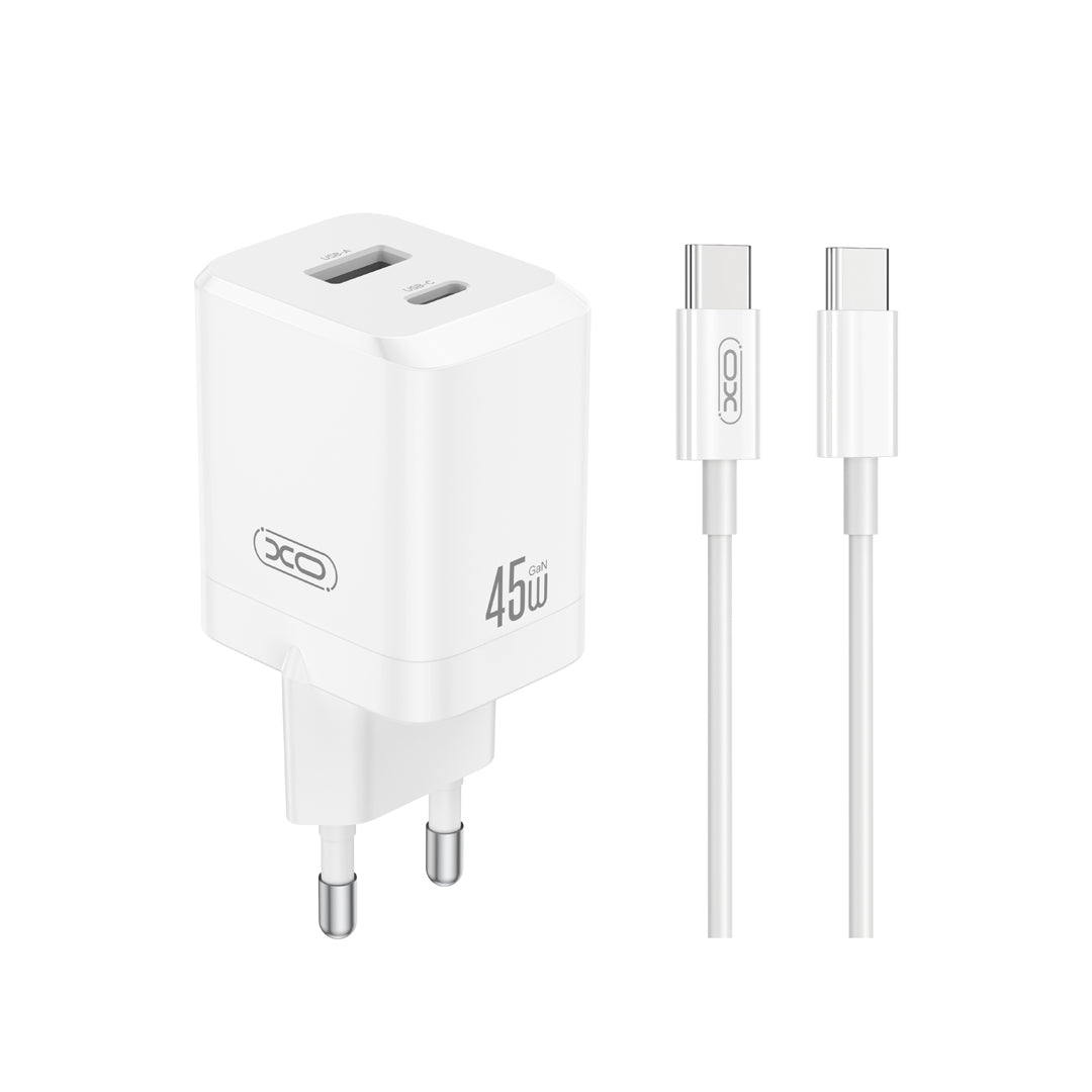 XO wall charger CE36 PD 45W 1x USB-C 1x USB white + cable USB-C - USB-C