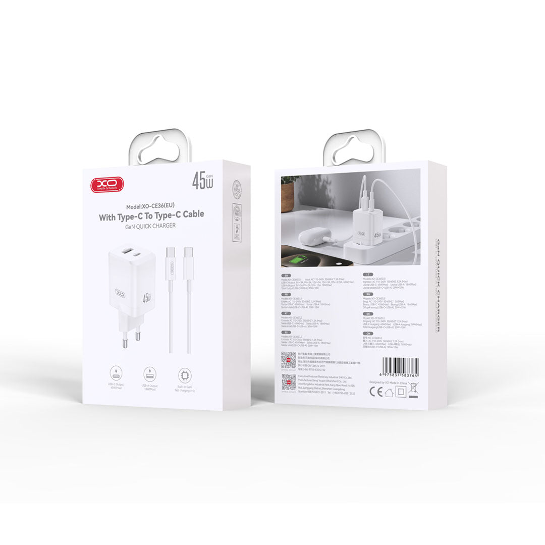 XO wall charger CE36 PD 45W 1x USB-C 1x USB white + cable USB-C - USB-C