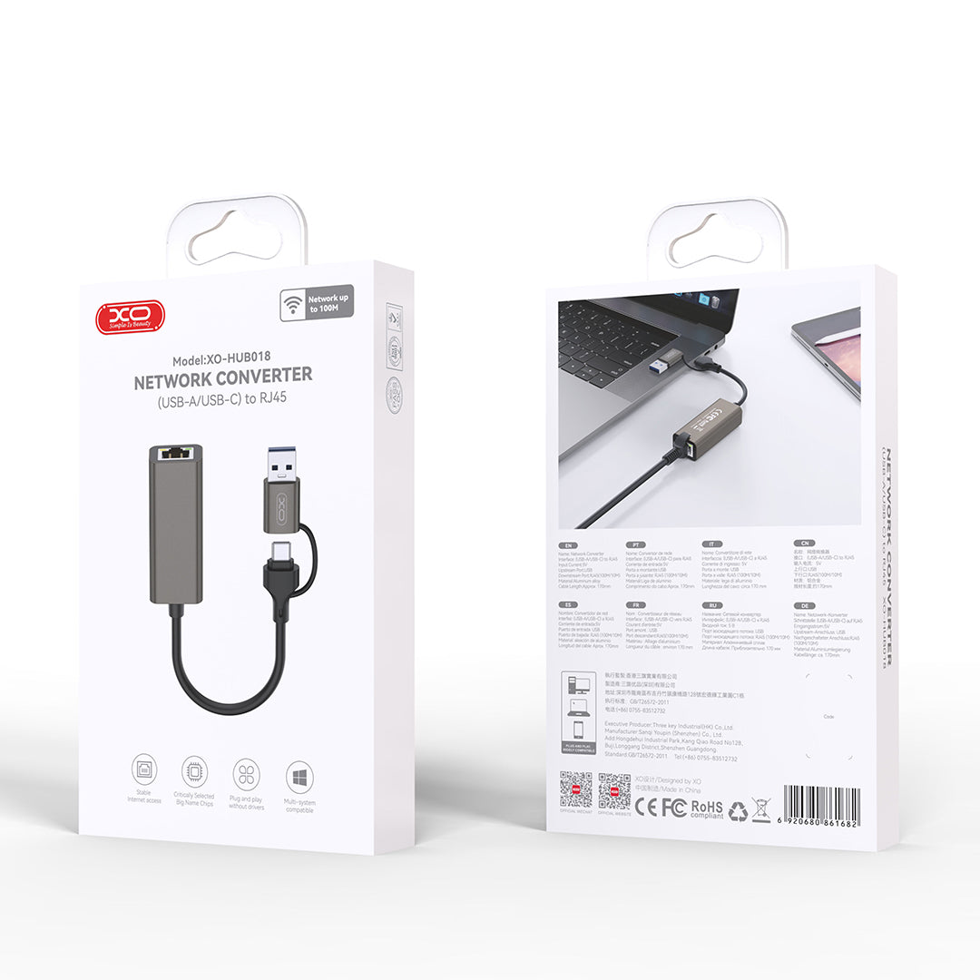 Adaptateur HUB XO HUB018 2-en-1 USB/USB-C RJ45 gris