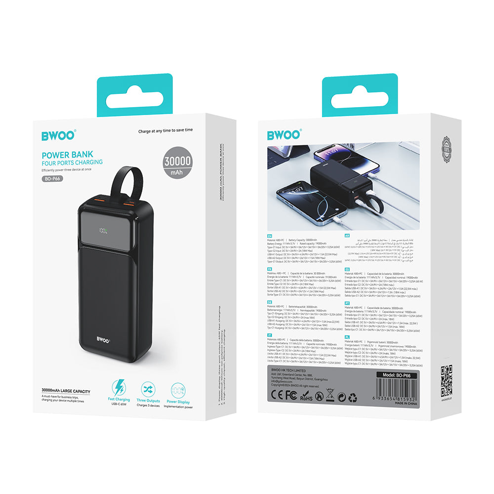Chargeur BWOO 65W banque d'énergie 30000 mAh USB-A USB-C