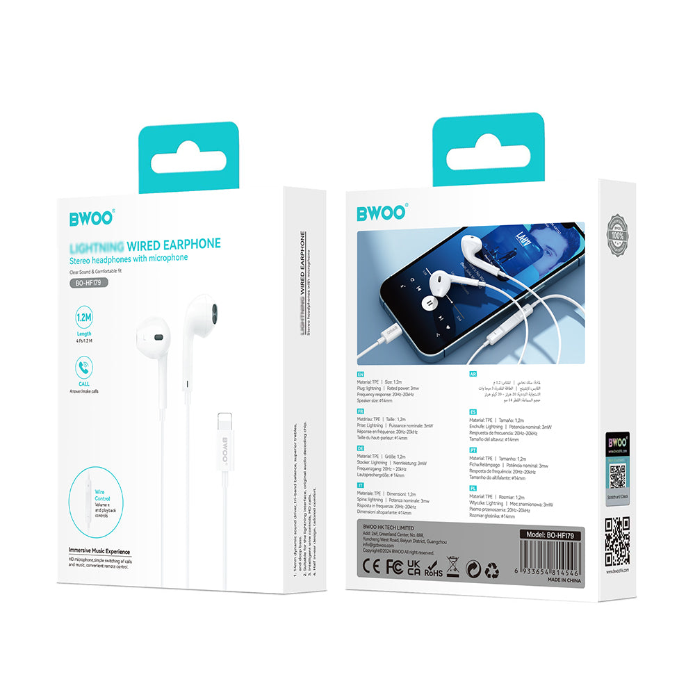 Écouteurs filaires BWOO Lightning avec contrôle de volume HF179 blanc